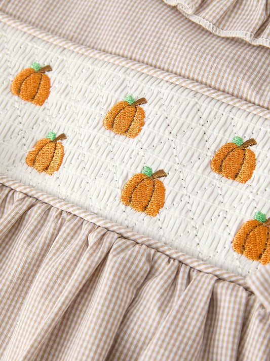 Halloween & Thanksgiving Pumpkin Embroidery Smock Plaid Girls Dress
