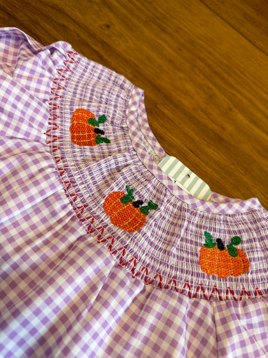 Lavender Pumpkin Embroidered Smocked Bubble