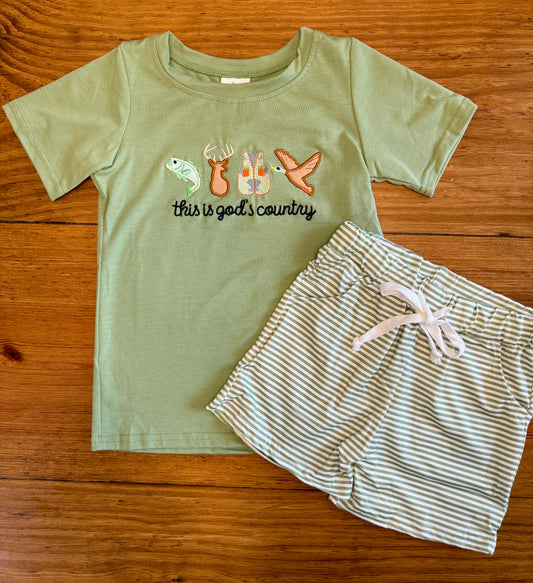 Green Appliqué Hunting Shorts Set