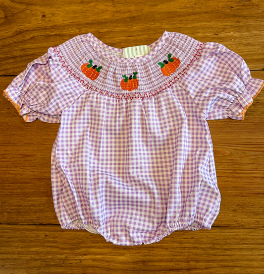 Lavender Pumpkin Embroidered Smocked Bubble