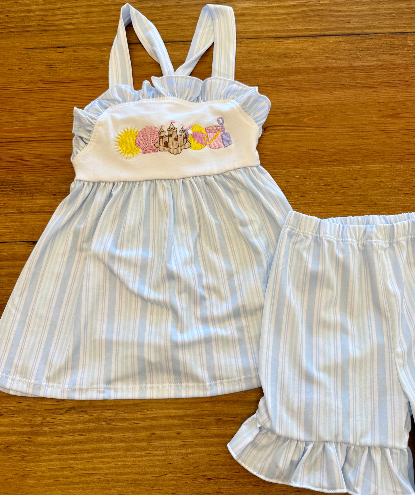PO9 Embroidered Beach Vibes Girls Ruffle Short Set