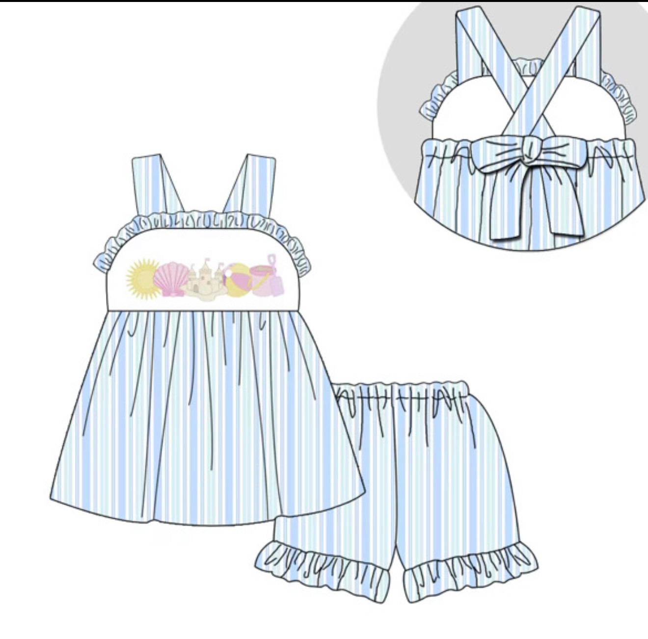 PO9 Embroidered Beach Vibes Girls Ruffle Short Set