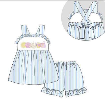 PO9 Embroidered Beach Vibes Girls Ruffle Short Set