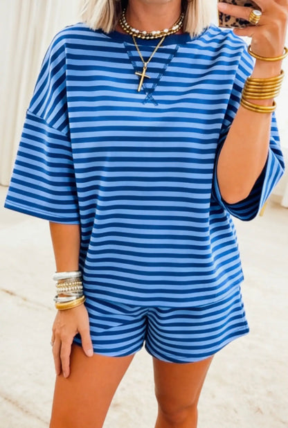 PO10 Oversized Blue Stripe Matching Shorts Set