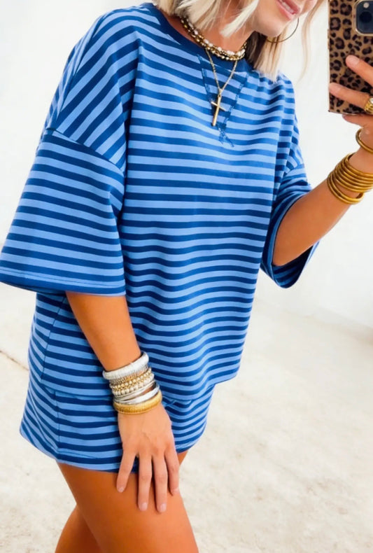 PO10 Oversized Blue Stripe Matching Shorts Set